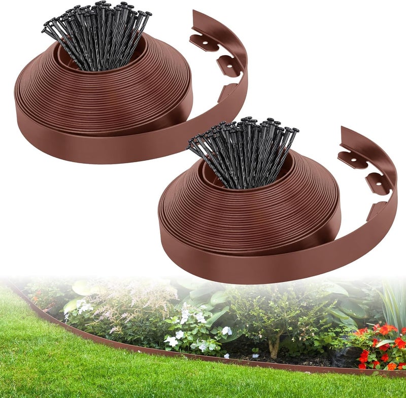 FunFanso 2-Inch x 66 FT Landscape Edging Border with 100 Spikes, Garden Edging Lawn Edging Border Kit, Plastic Edging Border Flexible for Garden Flower Beds Lawn Yard Pathway (Brown) - Image 1